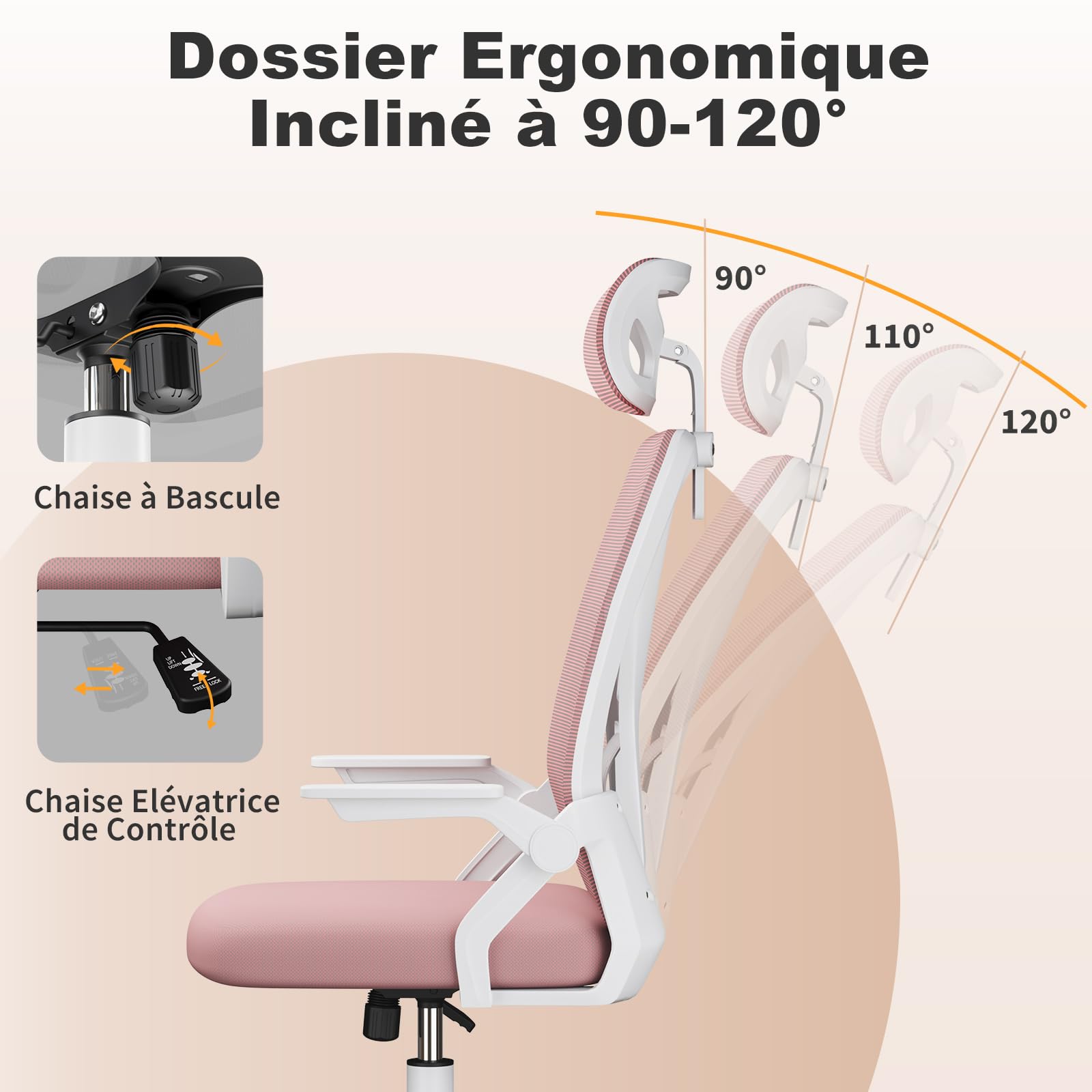 naspaluro Chaise de Bureau Ergonomique avec Accoudoirs Rabattables à 90° (avec Appui-tête, Rose)