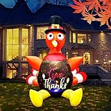 GEJRIO 5FT Christmas Inflatable Turkey with Pilgrim Hat, Built-in Rotating LED Colorful Lights...