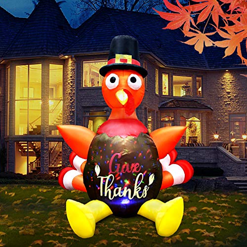 GEJRIO 5FT Christmas Inflatable Turkey with Pilgrim Hat, Built-in Rotating LED Colorful Lights Christmas Autumn Decor, Blow up Lighted Outdoor Indoor Holiday Yard Lawn Decoration