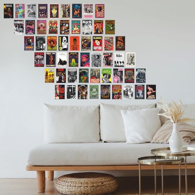 Image of POSTERONN Rock Band Wall Collage Kit Set of 54, 4x6 Inch Aesthetic Music Posters, Vintage Rock Wall Art Prints on Thick Cardstock with Glue Dots, Room Decor for Bedroom Living Room Dorm Office