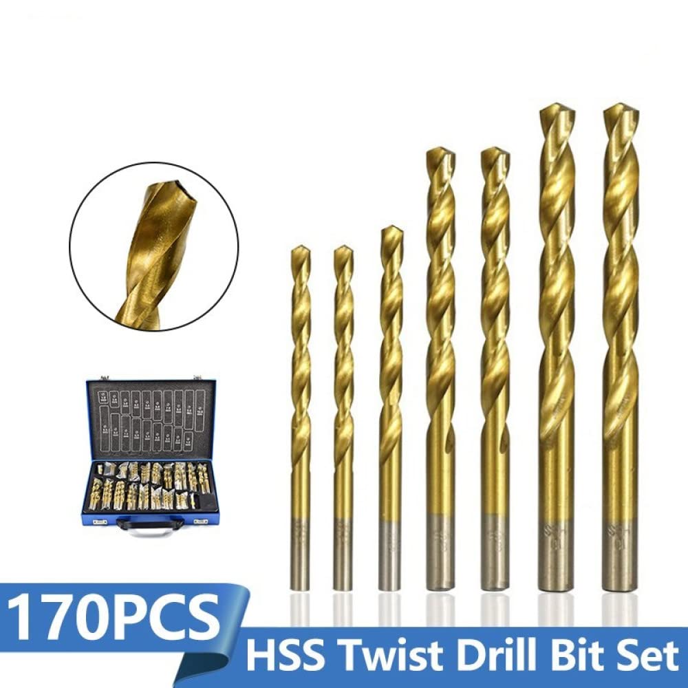 Juego de brocas helicoidales Hss recubiertas de titanio de 170 piezas Herramienta de taladro de 1,0-10 mm para herramientas de carpintería de perforación de agujeros de metal de madera, juego de 170 p