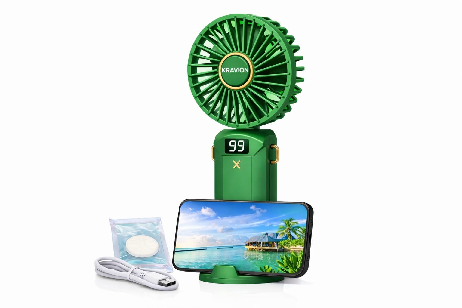 KRAVION Portable Rechargeable Mini Fan, 5 Speed Settings, LED Display, with Aroma Pad, Mobile Holder, Neck Hanging Belt, 3000mAh, Green-picture-24