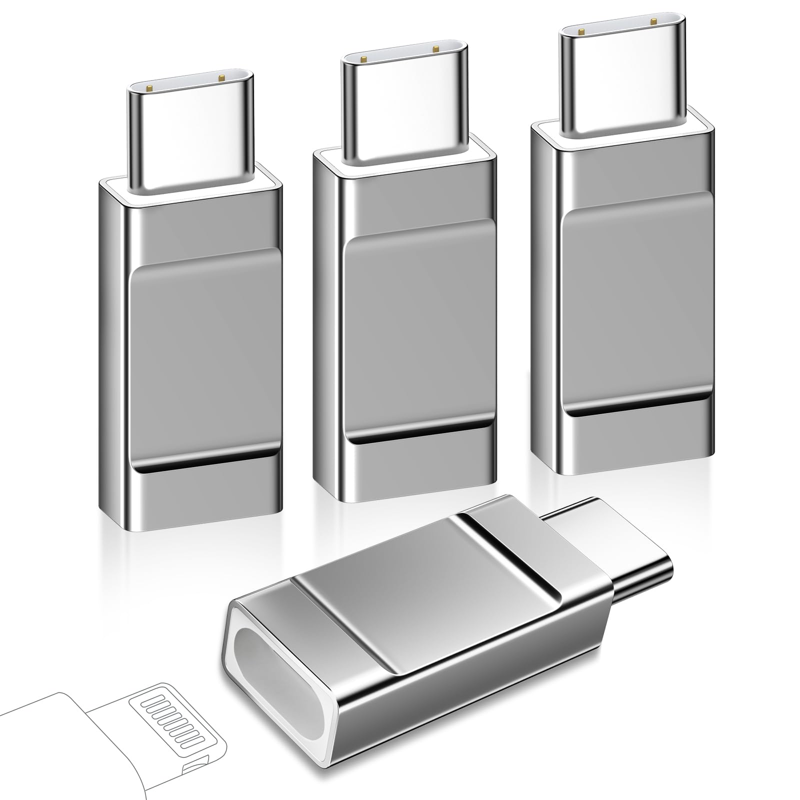 Lightning to USB C Adapter 4 Pack USB C to Lightning Adapter for iPhone 15/15 Pro,Samsung S24/23, Support Charging/Data Transfer iPhone to USB C Adapter, Not for Audio/OTG,Silver