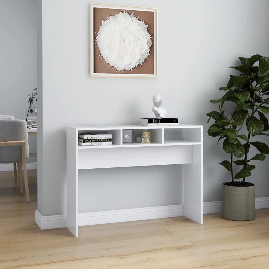 Mesa consola blanca 105 x 30 x 80 cm, de madera, mesa auxiliar, mesa auxiliar de madera, mesa auxiliar de pasillo, mesa de madera, mesa de consola para salón con 3 compartimentos abiertos,