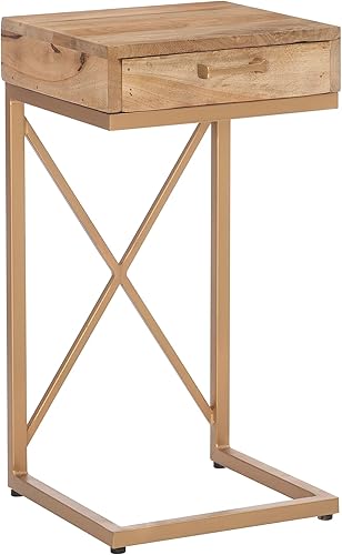 Powell Justine - Mesa con marco de metal en forma de C y cajón de almacenamiento, color dorado y natural