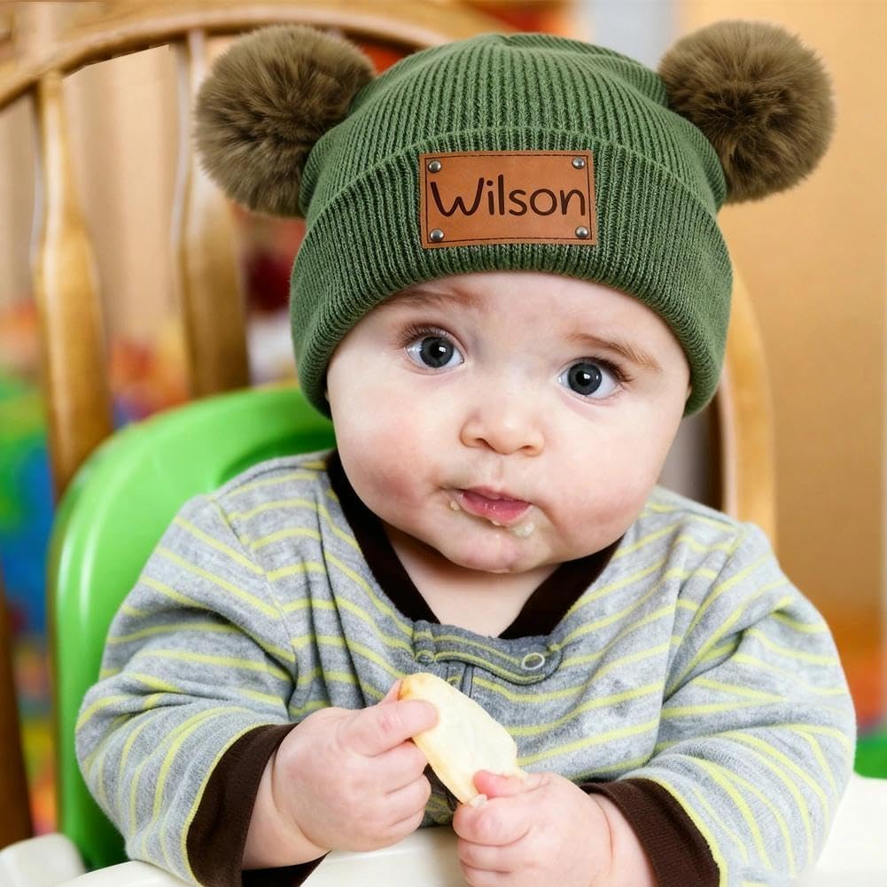 Personalized Baby Pom Pom Beanie Hat,Custom Newborn Name Beanie Knitted Hat, Winter Gift for Infant Kids Toddler - Image 2