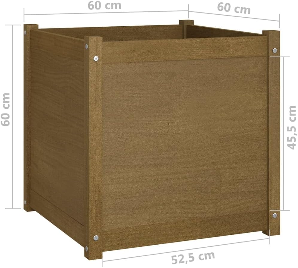 Large 23.6" Honey Brown Solid Pine Wood Square Raised Garden Bed Planter Box for Outdoor Patio Balcony, Rustic Stained Finish, Easy Assembly
