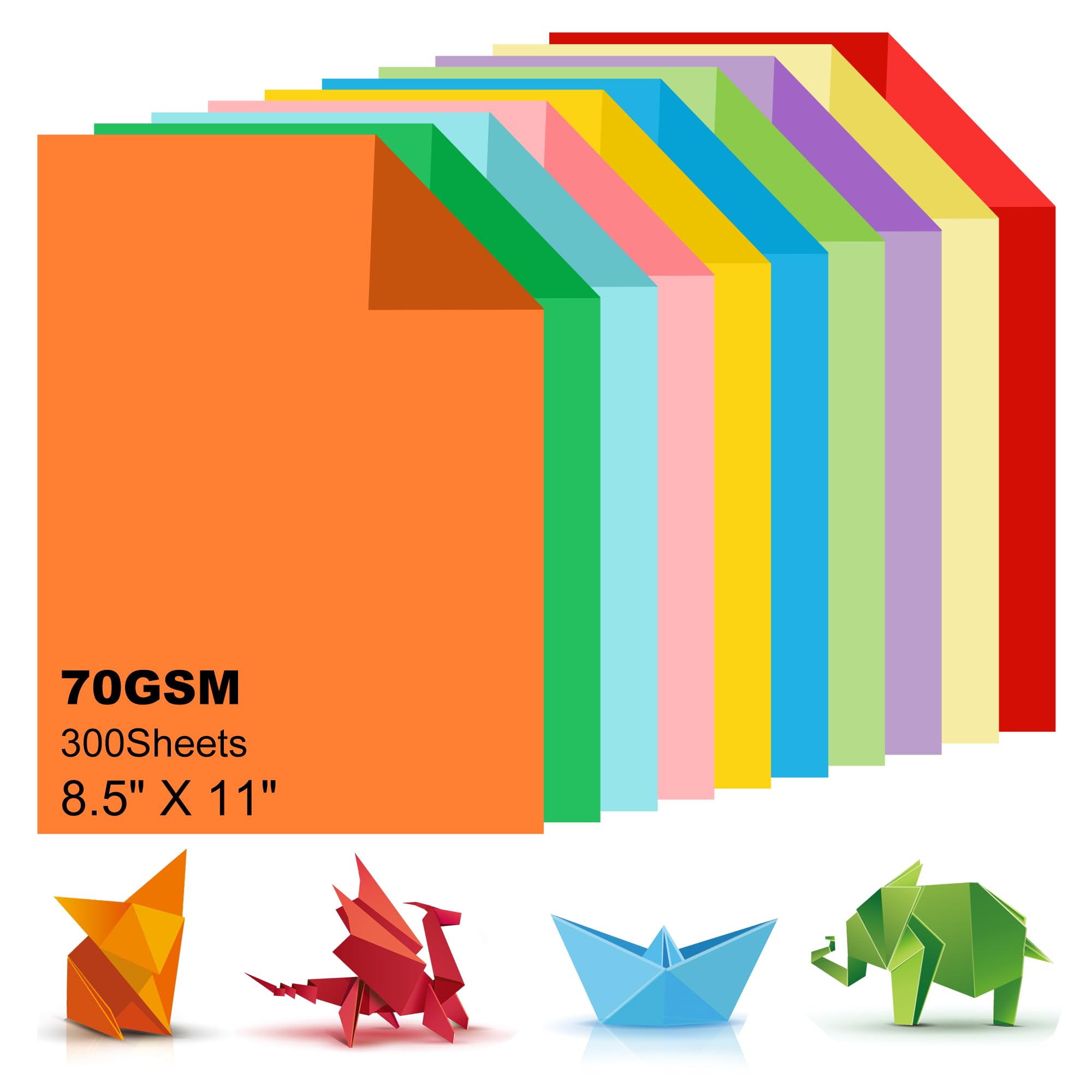 300 Sheets A4 Coloured Paper, 8.5" X 11" Handmade Copy Paper (10 Colors), 70gsm, Double Sided Colored Origami Paper Cardstock for Kids DIY Art Crafts School Office Colorful Projects
