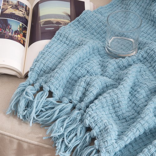 Melody House Throw Blanket, Super Soft Decorative Woven Plaid Pattern Throw With Tassels, 50X60, Silver Blue, #TOP5
