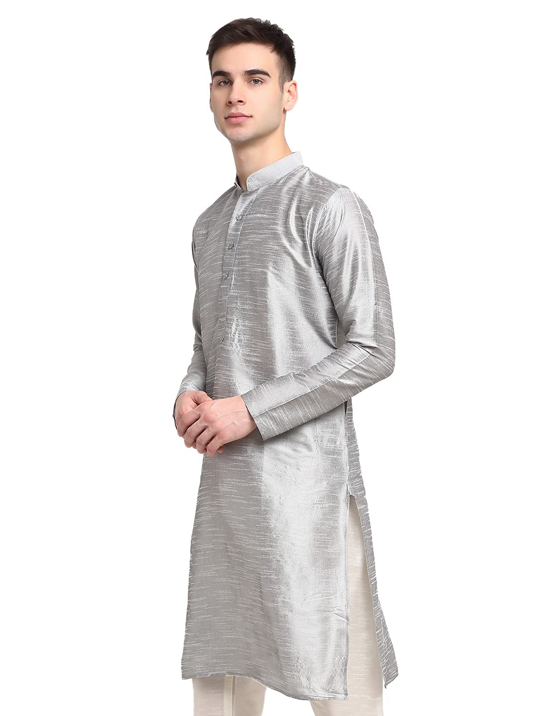 Jompers Men's Dupion Silk Solid Kurta (Silver, Small)