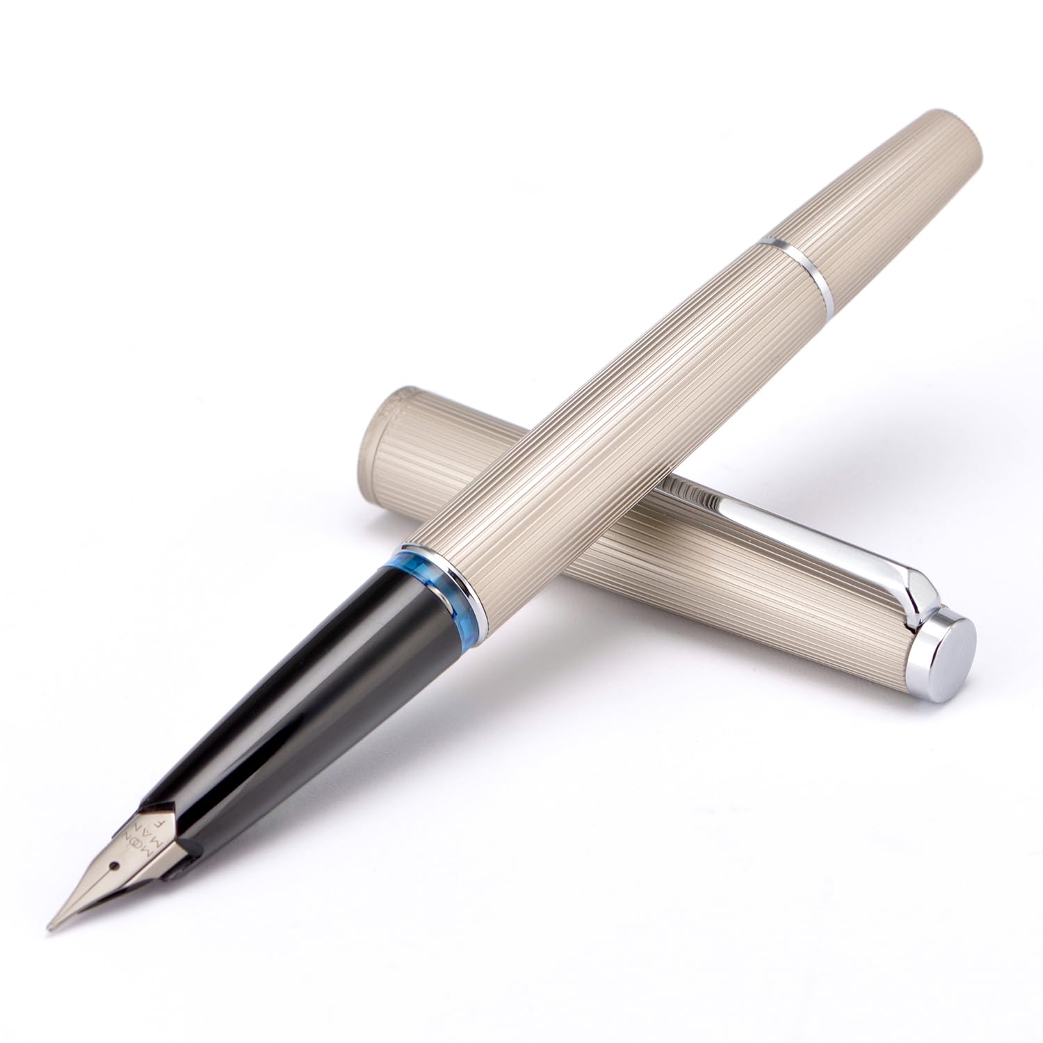 Majohn B32 - Penna stilografica a stantuffo, pennino fine, in metallo grigio a righe