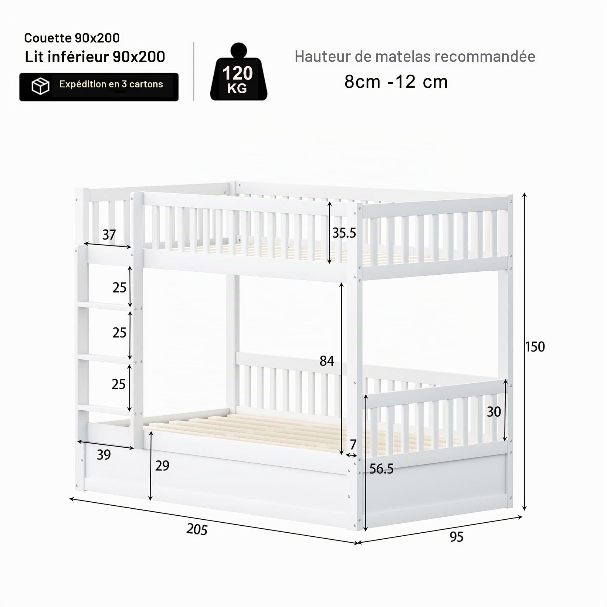 Merax Lit Superposé Enfant 90x200 cm, avec Système de Rangement Hydraulique, Lit Empilable pour Enfants, Blanc (sans Matelas)