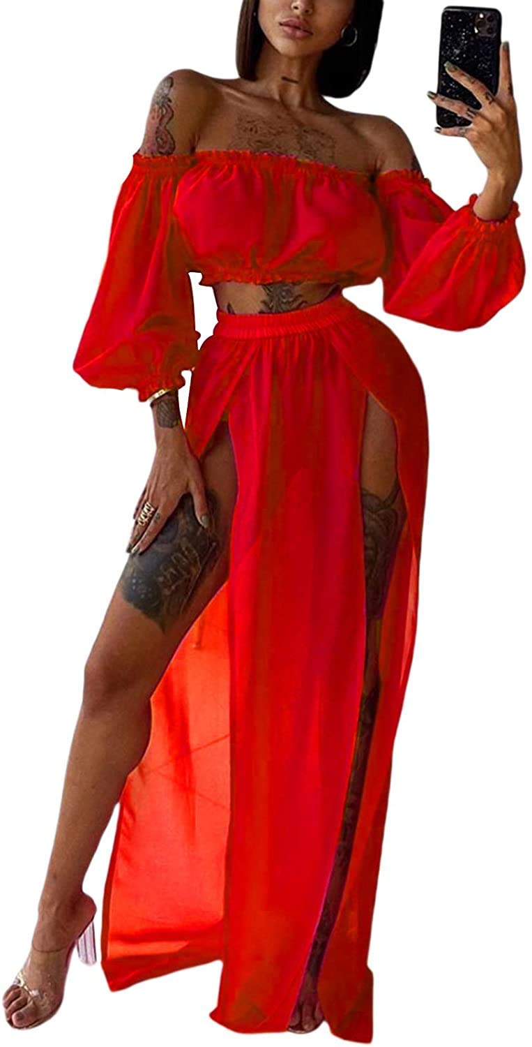Loalirando Vestido de Playa 2 Piezas Traje de Baño para Mujer Cubierta de Bikini Crop Top Camiseta Corta de Manga Larga Falda Larga con Aberturas Pareo Cover Up Verano de Encaje para Viaje Vacaciones