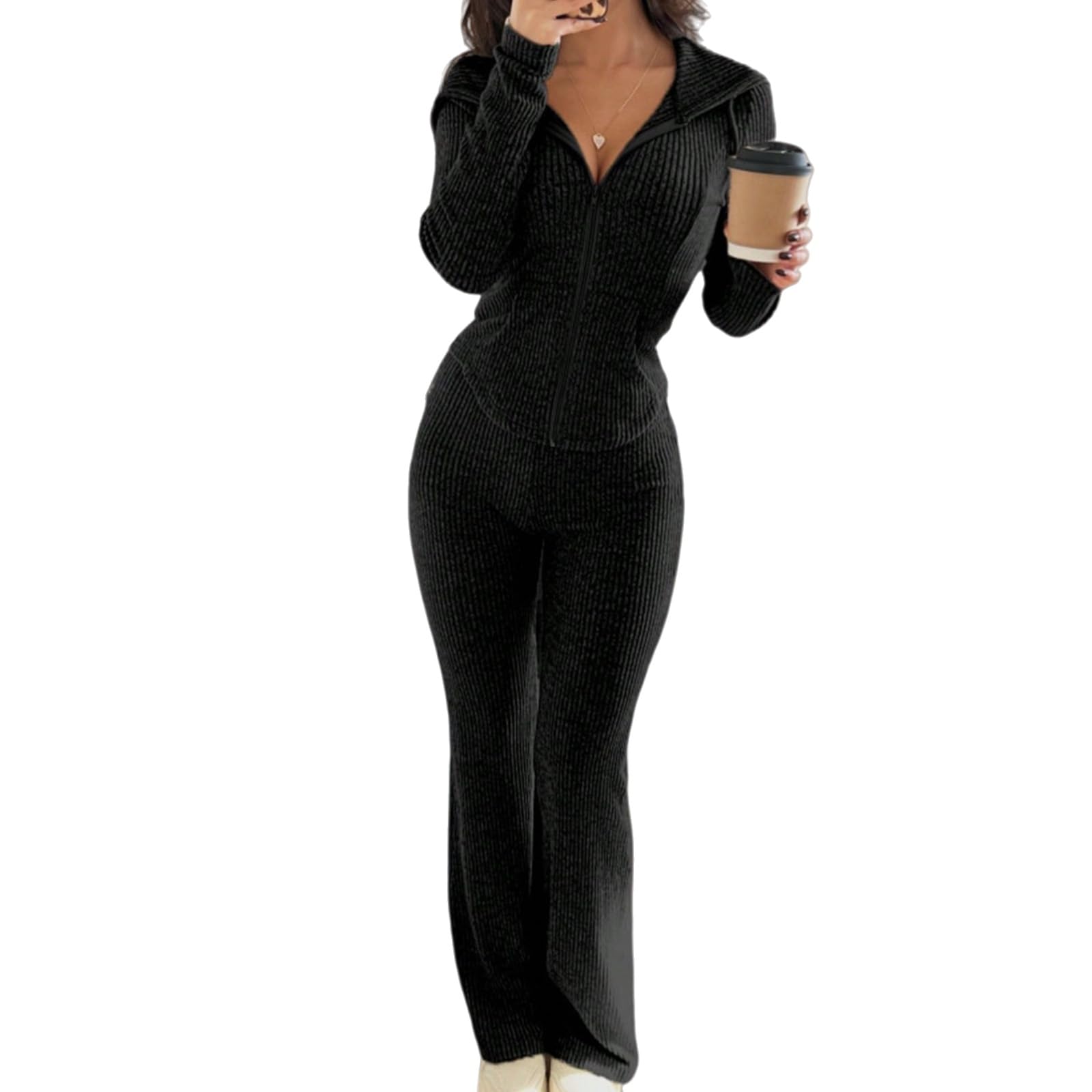 Women Two Piece Outfit Ribbed Long Sleeve Zip Up Hoodies Jacket and Flare Pants Workout Set Bodycon Tracksuit