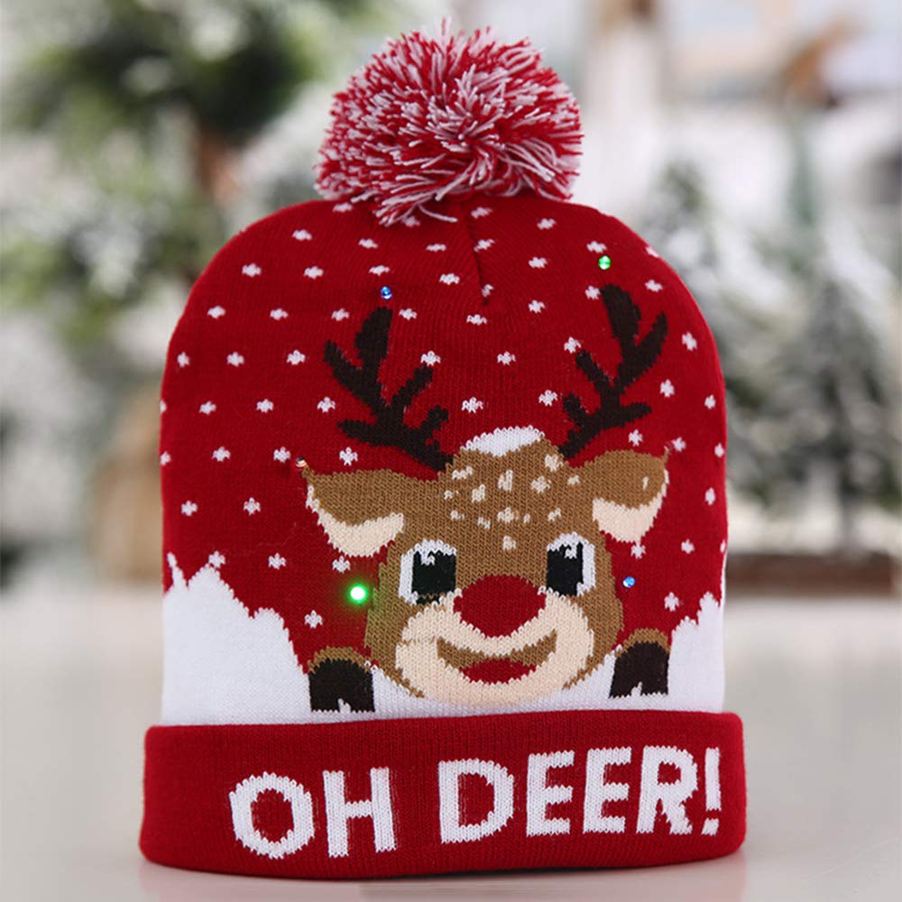 Wankd Beanie Christmas Hat LED Christmas Hat, Cuff Foldable Hat - Wool - 20 x 20 cm - Suitable for Adults, Weihnachtshirsch, 52-56cm