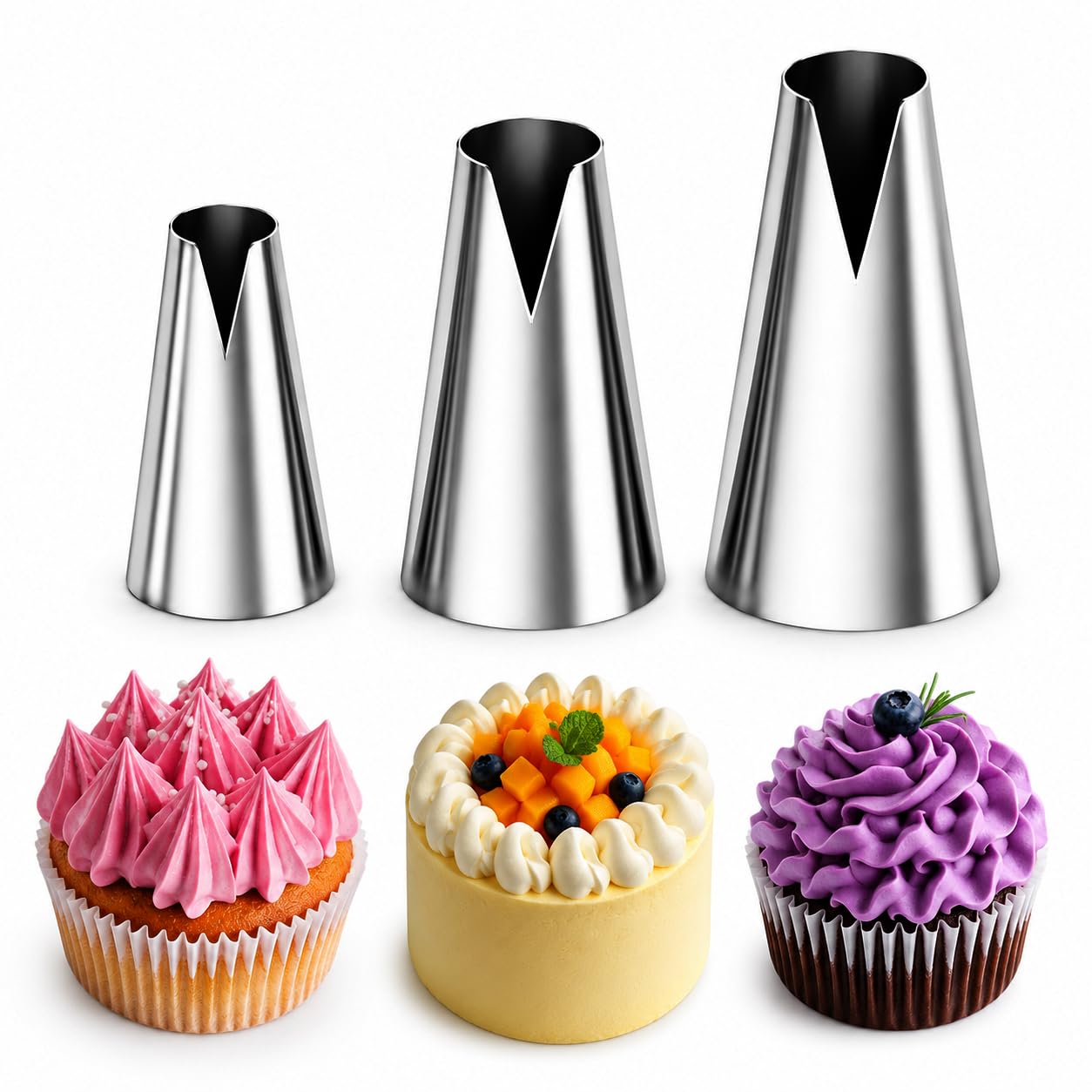 Timkumon 3 Pcs St. Honoré Piping Tips Set, V-Shaped Icing Nozzles for Cake Decorating, 580S, 580, 686, Stainless Steel Frosting Tips for Ruffled Borders, Scalloped Edges, Ribbon Effects