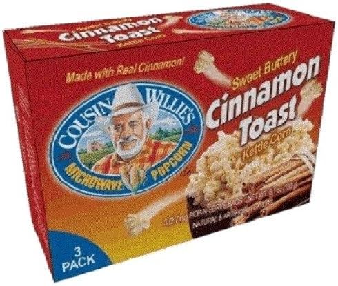 Cousin Willie's Microwave Popcorn Bags, Cinnamon Toast (4 Boxes, 12 Bags), Gourmet Popcorn Boxes for Party, Whole Grain Popcorn, Gluten Free, Low Calorie Healthy Snack, Made in USA, non-GMO