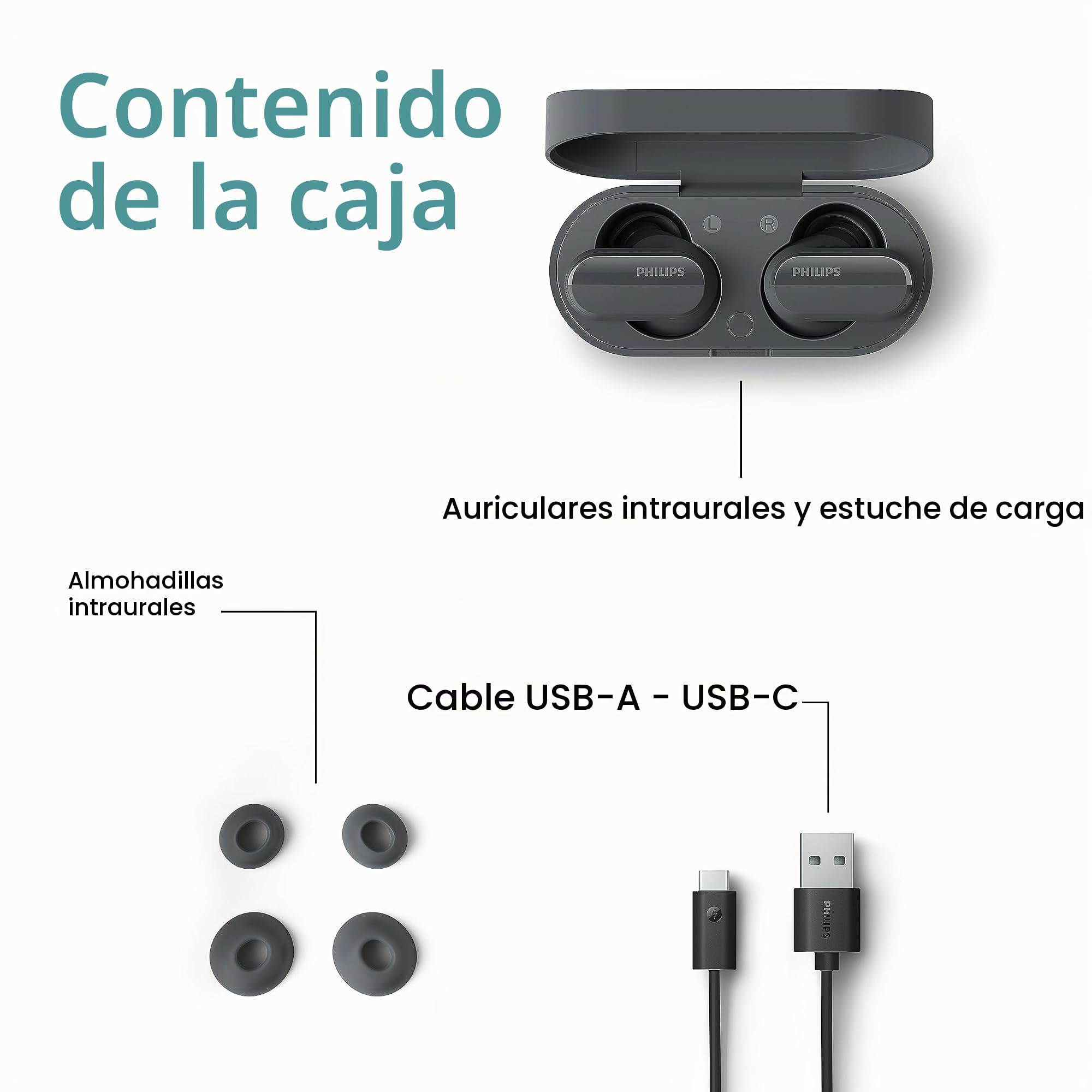 Philips TAT3508BK/00 Auriculares True Wireless Bluetooth con cancelación De Ruido y micrófono | Auriculares de Silicona con Sonido Natural | hasta 21 Horas De Reproducción | Cable USB-C | Negro