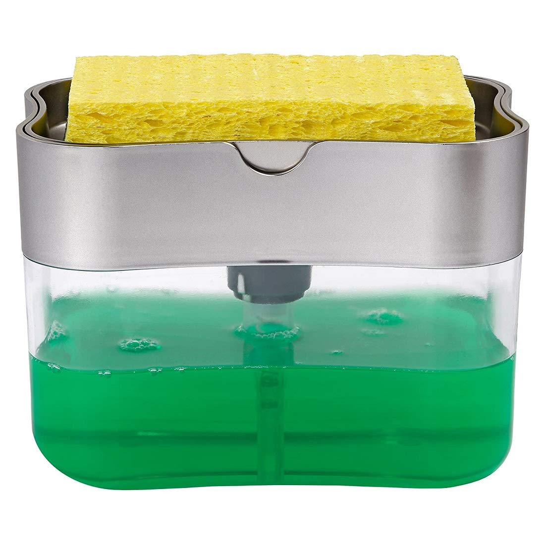 Plastic Liquid Soap Press-Type Pump Dispenser with Sponge Holder for Kitchen Sink Dishwasher Soap Lotion and Sponge