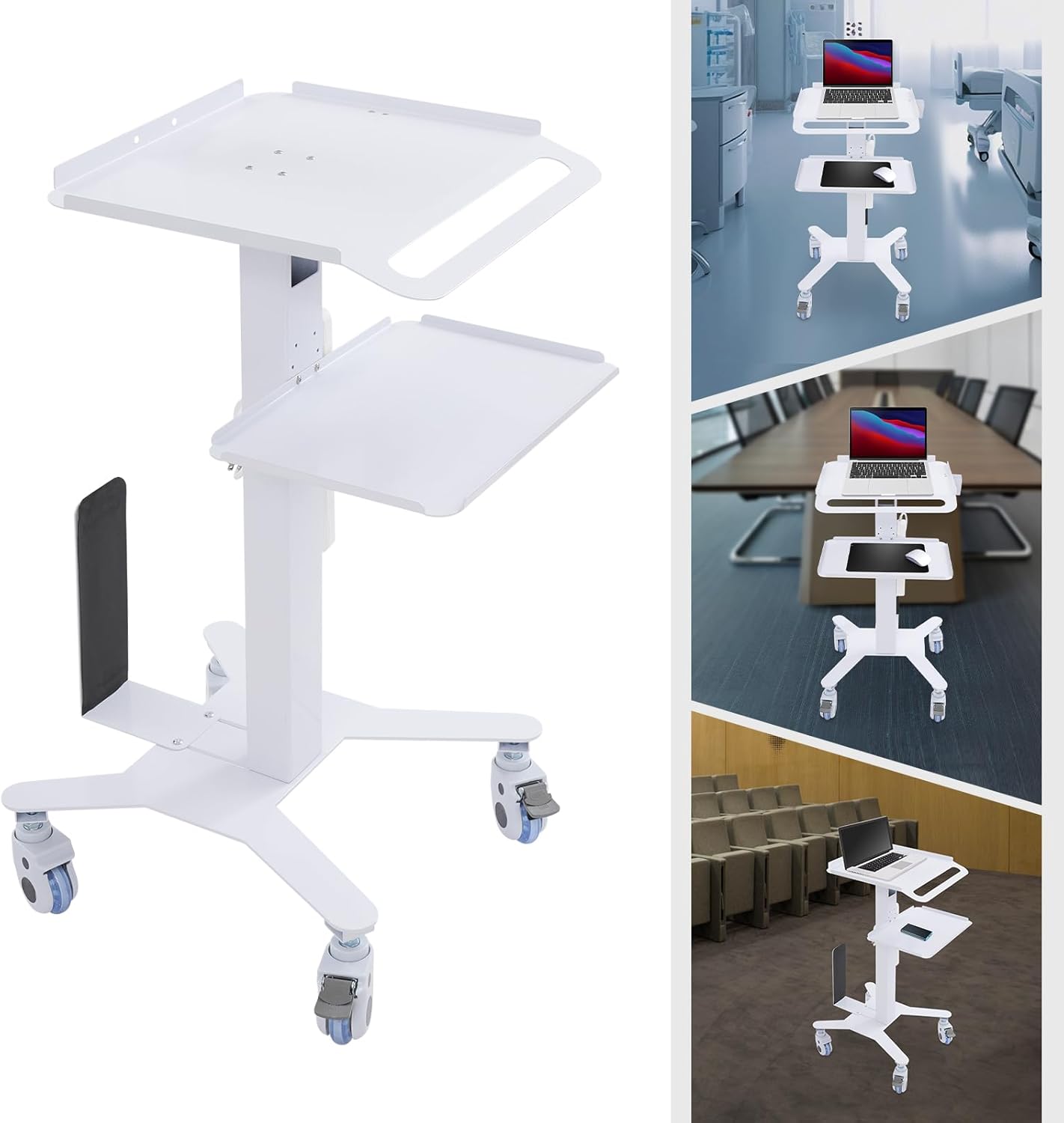 Mobile Computer Cart On Wheels, Adjustable Rolling Laptop Workstation, with Locking Brakes, 3-Tier Aluminum Alloy Mobile Desk Cart, for Hospital, Dental Spa, Office, School, Home Use