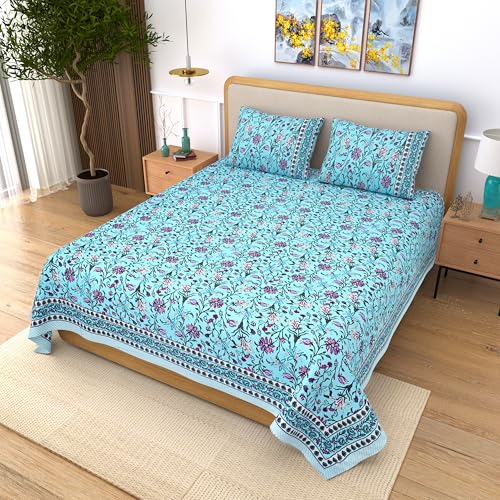 Image of India 100% Pure Cotton Jaipuri Printed Double Bedsheet with 2 Pillow Covers | Traditional Sanganeri Floral Design | Soft Breathable Fabric | King Size Bedsheet for Bedroom (Kaya45)