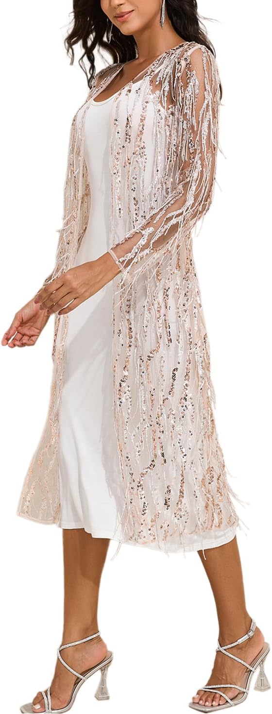 YYA Women's Sequin Long Cardigan Sparkly Shimmer Open Front Draped Evening Cover Up Blouse for Party,Wedding,Night Out S-XXL