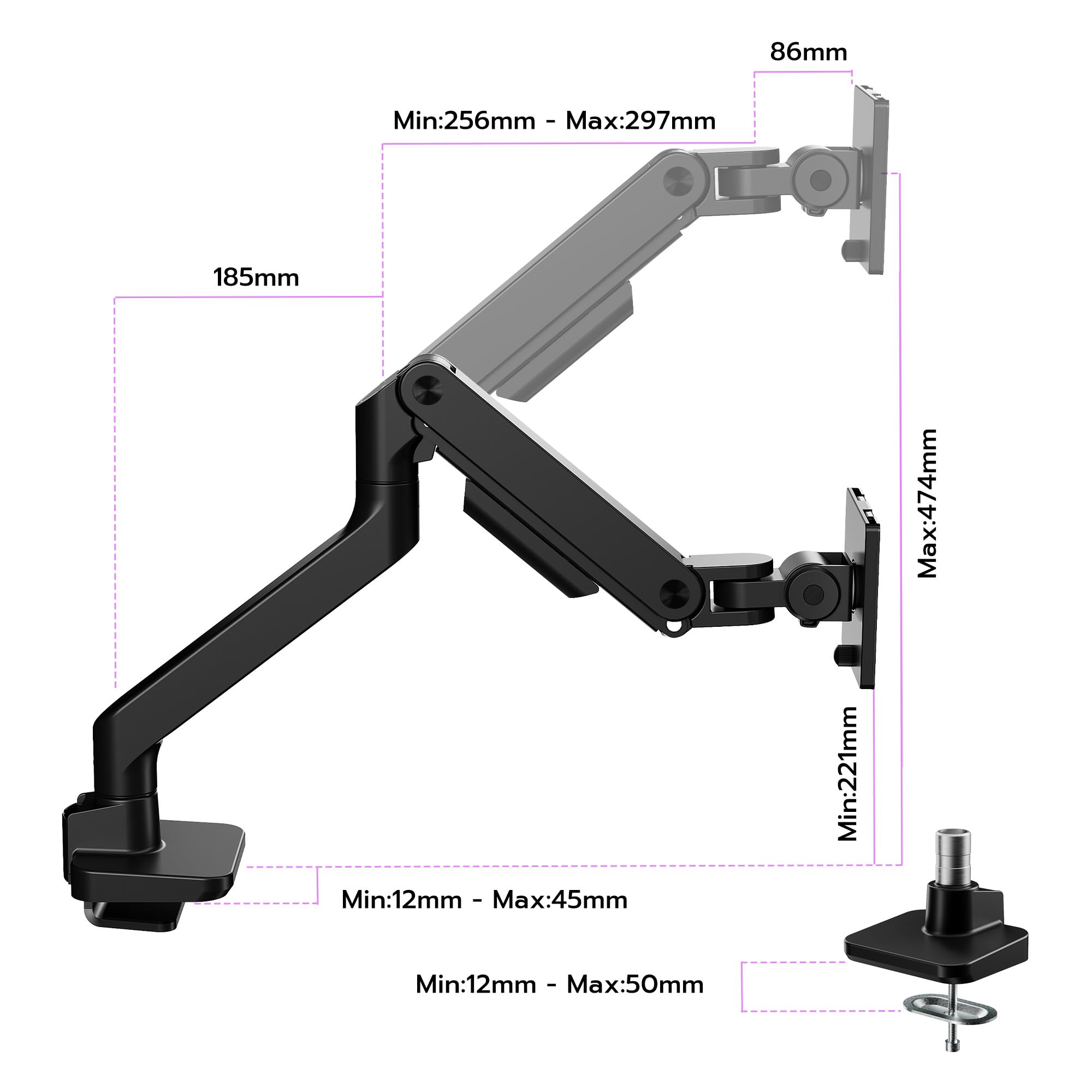 ARES WING Monitor Halterung für 17 bis 49 Zoll Bildschirme, Monitor Arm mit Gasfeder, Verstellbarer Monitorständer Max 20Kg Traglast, VESA 75/100,Schwarz