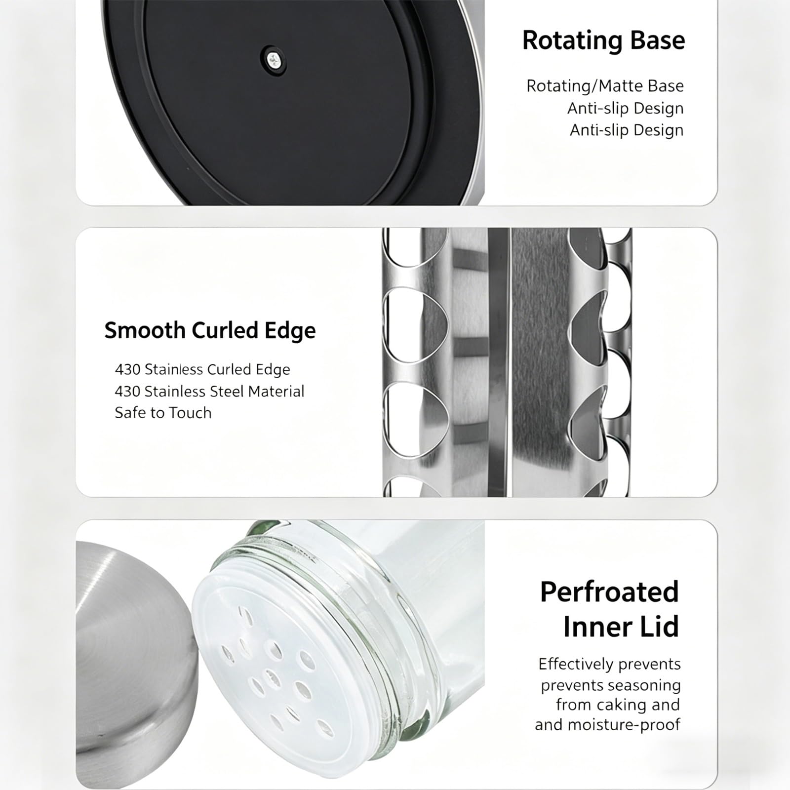Especiero Giratorio for 20 Tarros, Organizador de Cocina de Encimera de Acero Inoxidable con Tarros de Especias Precargados, Tapas Negras, Diseño Inhibidor de Óxido(16 Jar)