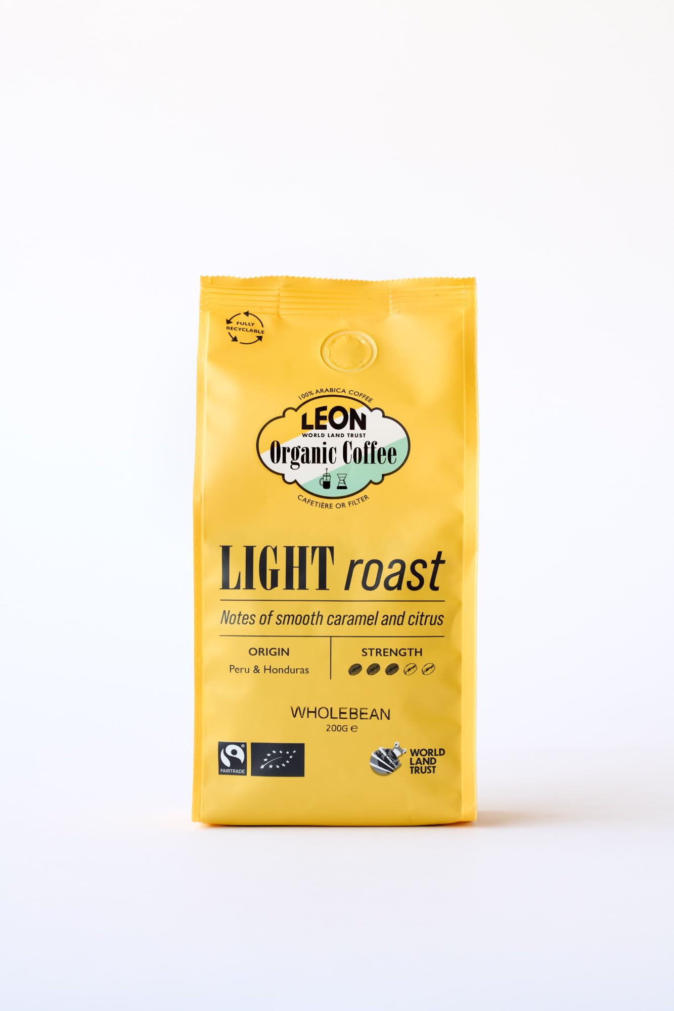 LEON Light Roast Beans 200g — 100% Arabica (Peru & Honduras). Triple-certified Fairtrade/Organic/WLT. Notes Smooth Caramel & Citrus. For Filter and Cafetiere