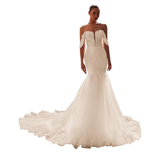 Zeeyecie Off Shoulder Tulle Wedding Dresses Mermaid Lace Applique V-Neck Sparkly Bridal Gowns with Train for Brides