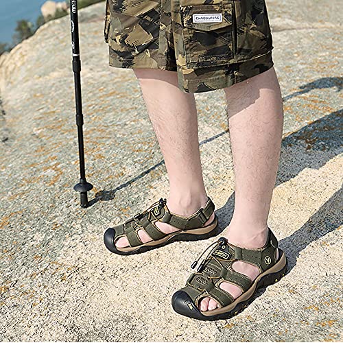 MILDSEVEN Hollow Out Men's Closed Toe Sandals, Fashion Real Leather Hiking Sandals, Large Size Backpacking Beach Shoes,7,Green3