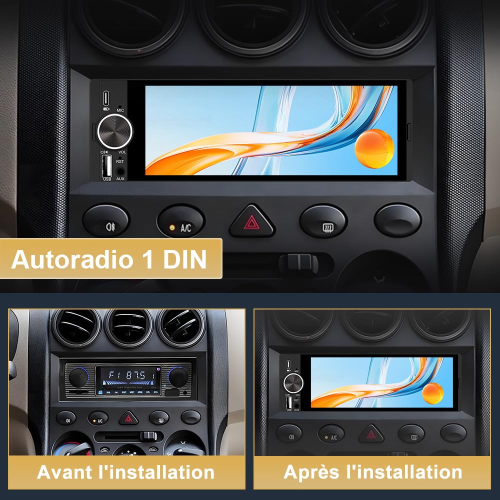 Junsun Autoradio 1 DIN Écran Tactile 6,36" avec CarPlay & Android Auto, Bluetooth, GPS, FM, Charge Type-C, 2 USB, Microphone, Égaliseur, Commandes au Volant