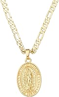 Kelistom 14K Gold Plated Virgin Mary Guadalupe Necklace - 3mm Figaro Chain 18/22" for Women Men, Removable Pendant Gift