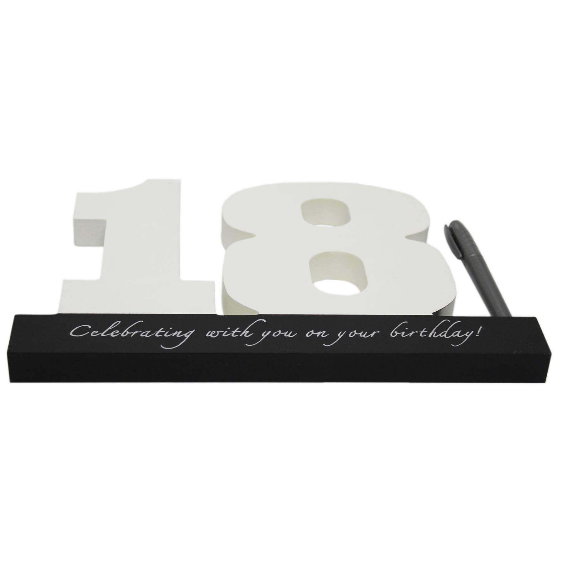 Carousel Home and Gifts - Targa di compleanno con numeri di firma per 18 compleanno ~ Blocchi bianchi in legno con penna inclusa, targa per il 18° compleanno, cartello per libro degli ospiti