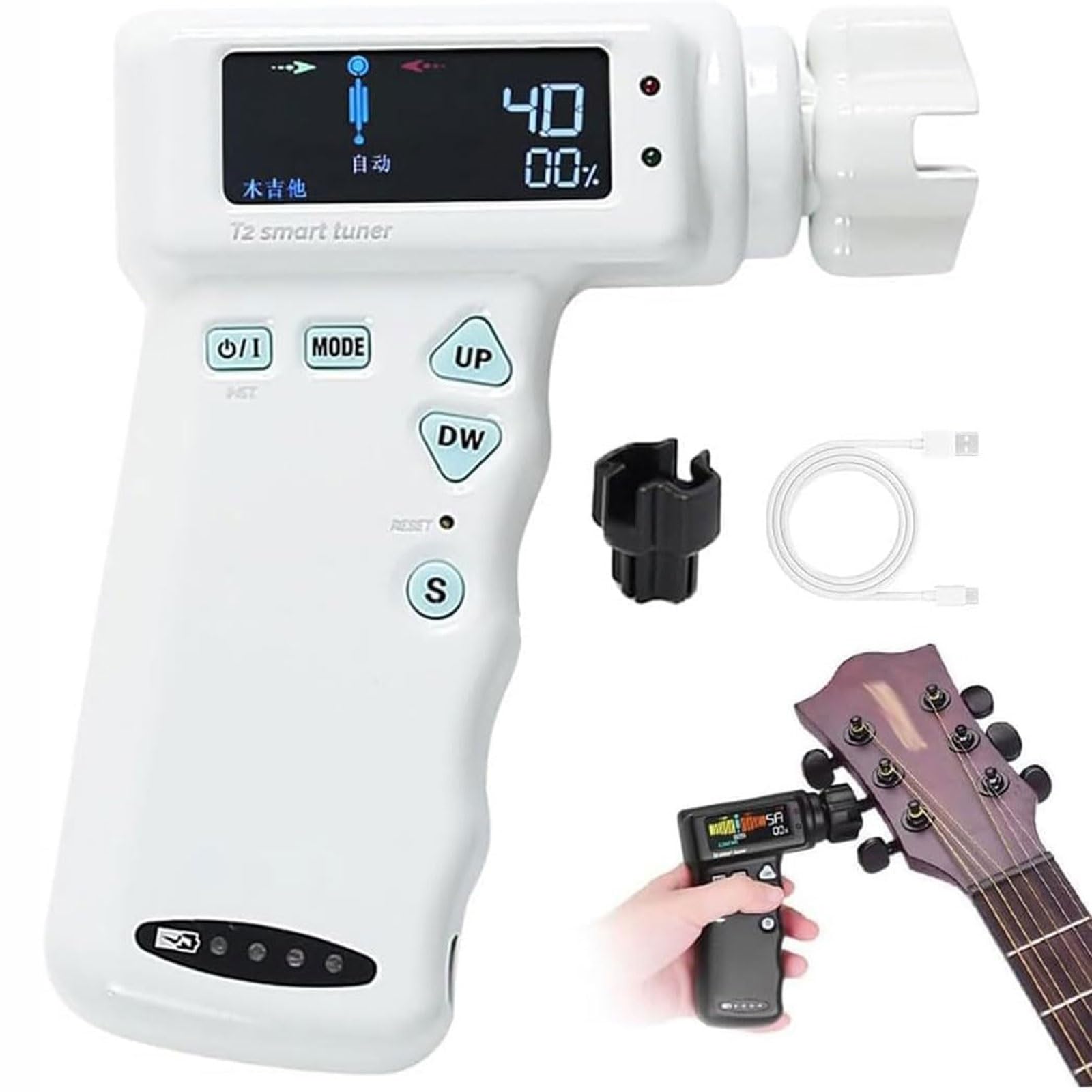 Accordatore for chitarra intelligente con display LCD colori,accordatore automatico professionale chitarra elettrica,batteria al litio incorporata 2600mAh,accordatore chitarra intelligente(White)