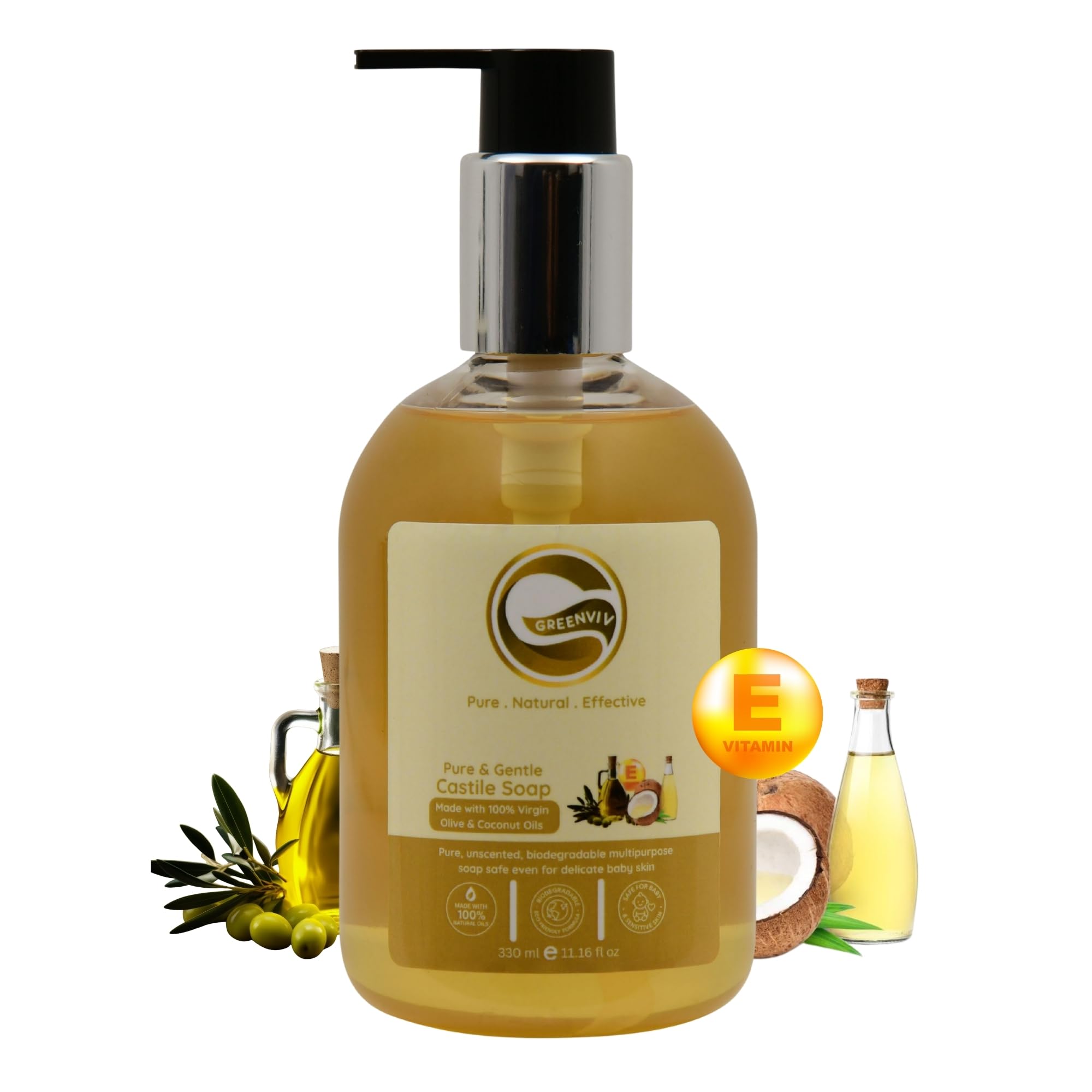 Natural Liquid Castile Soap Unscented | Pure Olive, Coconut, Palm Kernel & Castor Oils | Gentle, Moisturizing & Multi-Purpose Body Wash, Hand Wash & Face Cleanser | Vegan & Biodegradable | 330ml