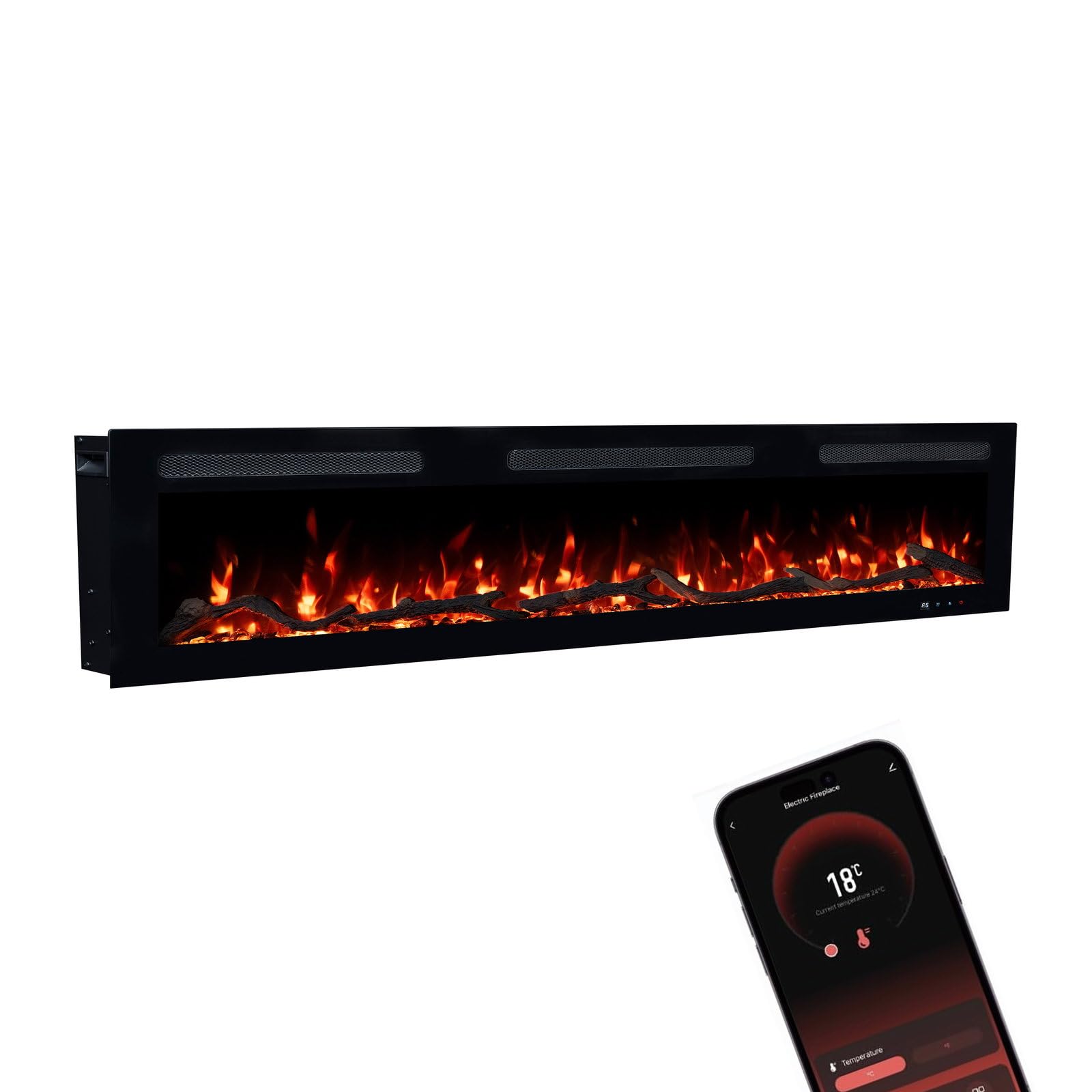 GLOW FIRE Kominek elektryczny Inside 182 z realistycznym ogniem LED 3D – ścienny kominek elektryczny z ogrzewaniem i ogniem, sterowanie za pomocą aplikacji, efekt trzaskania i timer, maks. 1800 W, 182