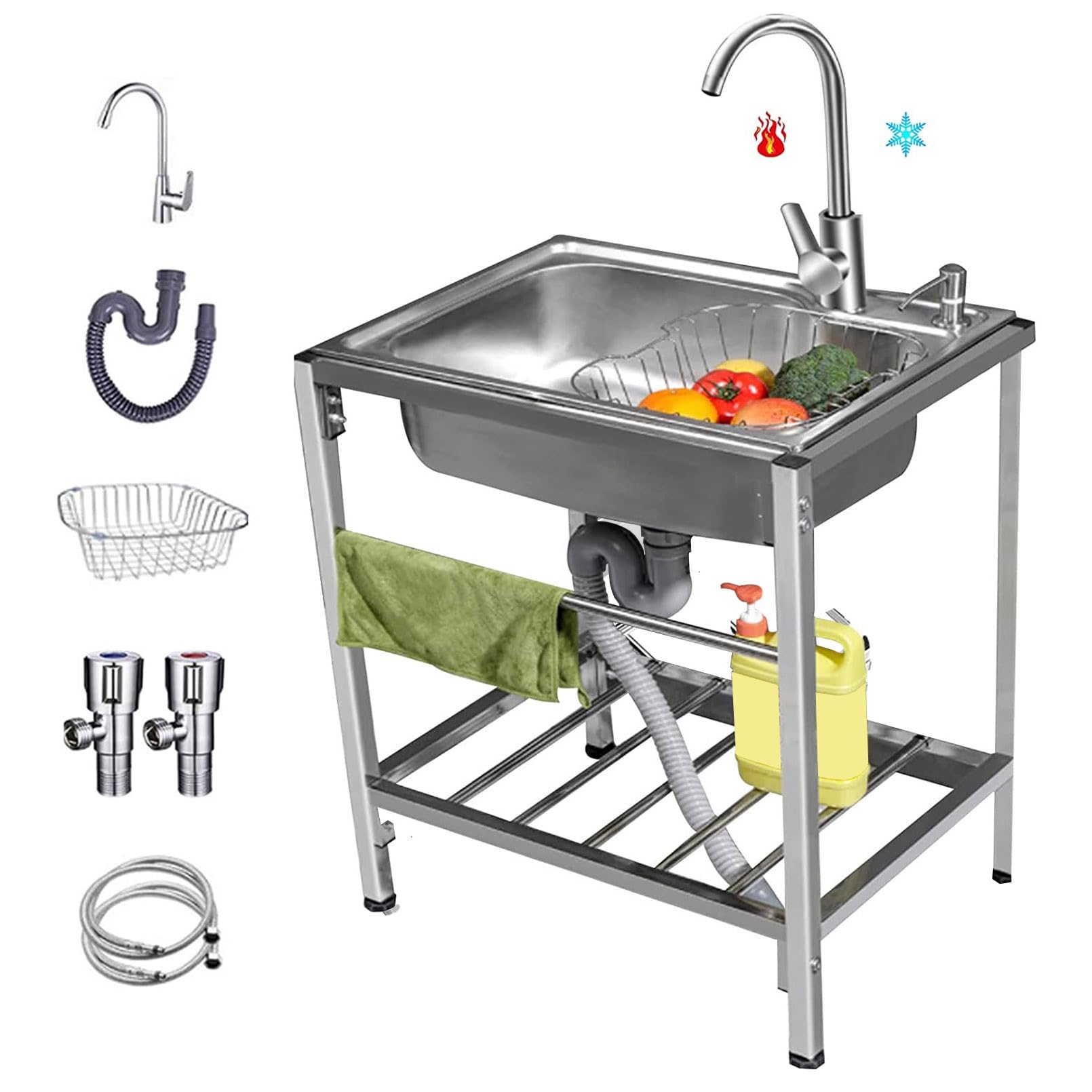 Évier de Cuisine Professionnel, évier sur Pied en Acier Inoxydable avec crépine et Robinet d'eau Chaude et Froide, idéal pour Le Camping, Le Jardin, la buanderie ou Le Garage.