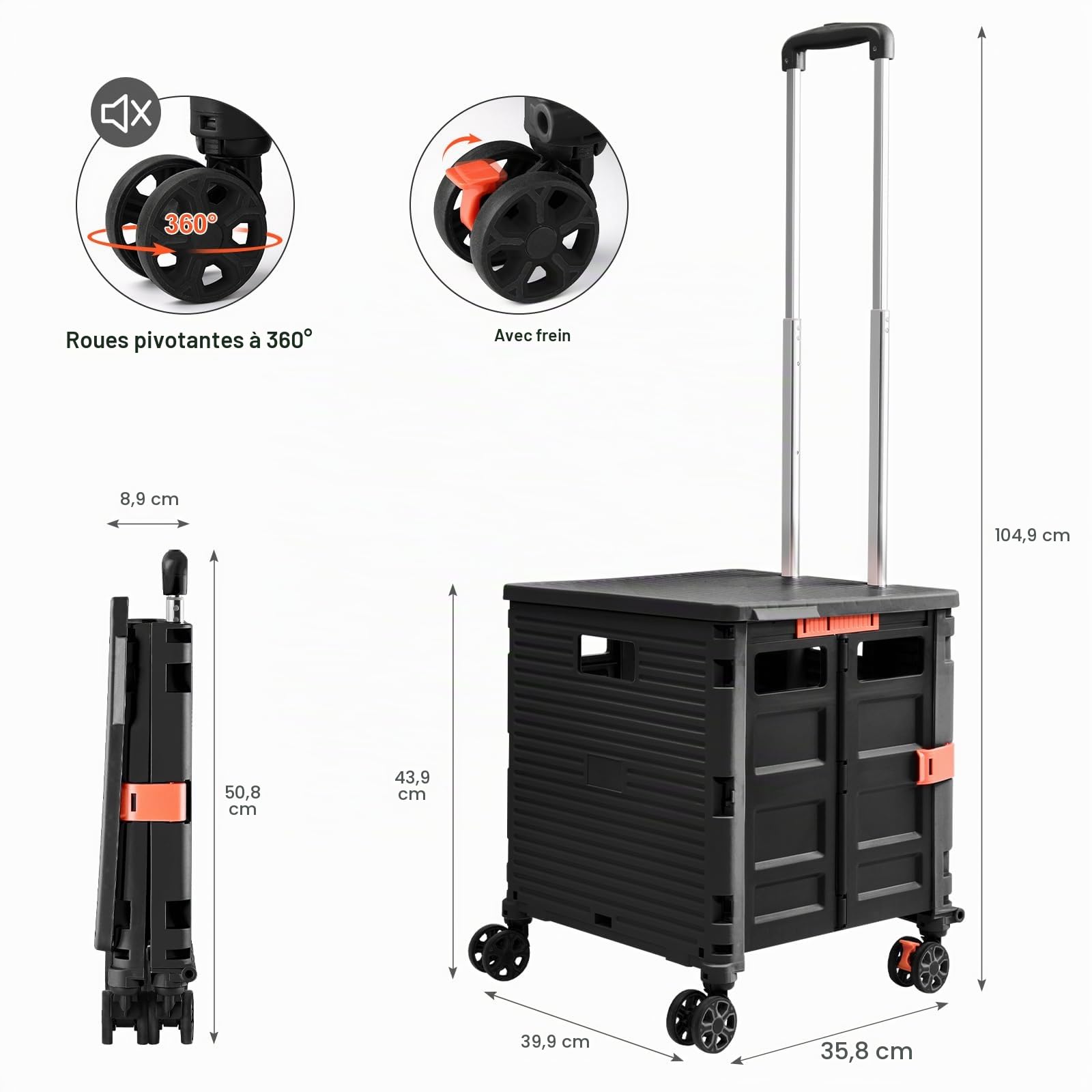 Chariot de courses pliable avec couvercle, 60 l, jusqu'à 80 kg, poignée