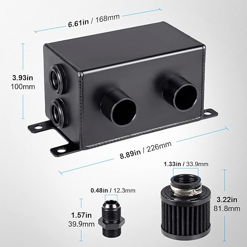 Miniatura 6 de JDMON AN8 1.2L tanque de retención de aceite de motor de doble filtro, tanque grande de depósito de aceite de doble respiradero doble, color negro