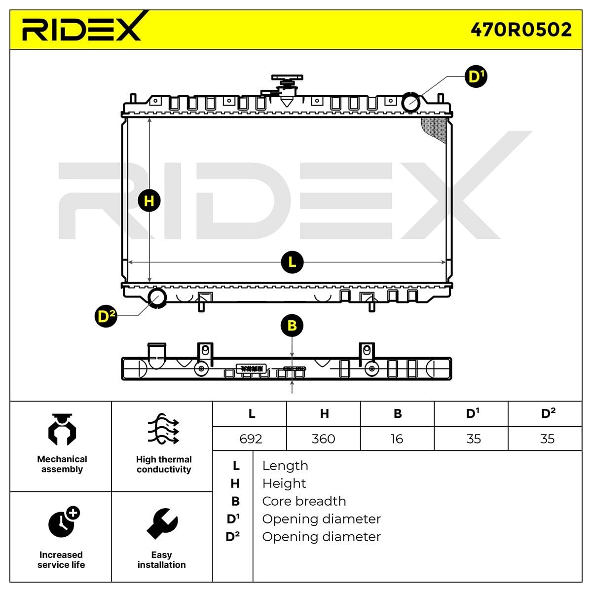Chłodnica Wody RIDEX 470R0502 Kompatybilny z NISSAN PRIMERA P11 PRIMERA Traveller WP11 PRIMERA Hatchback P11