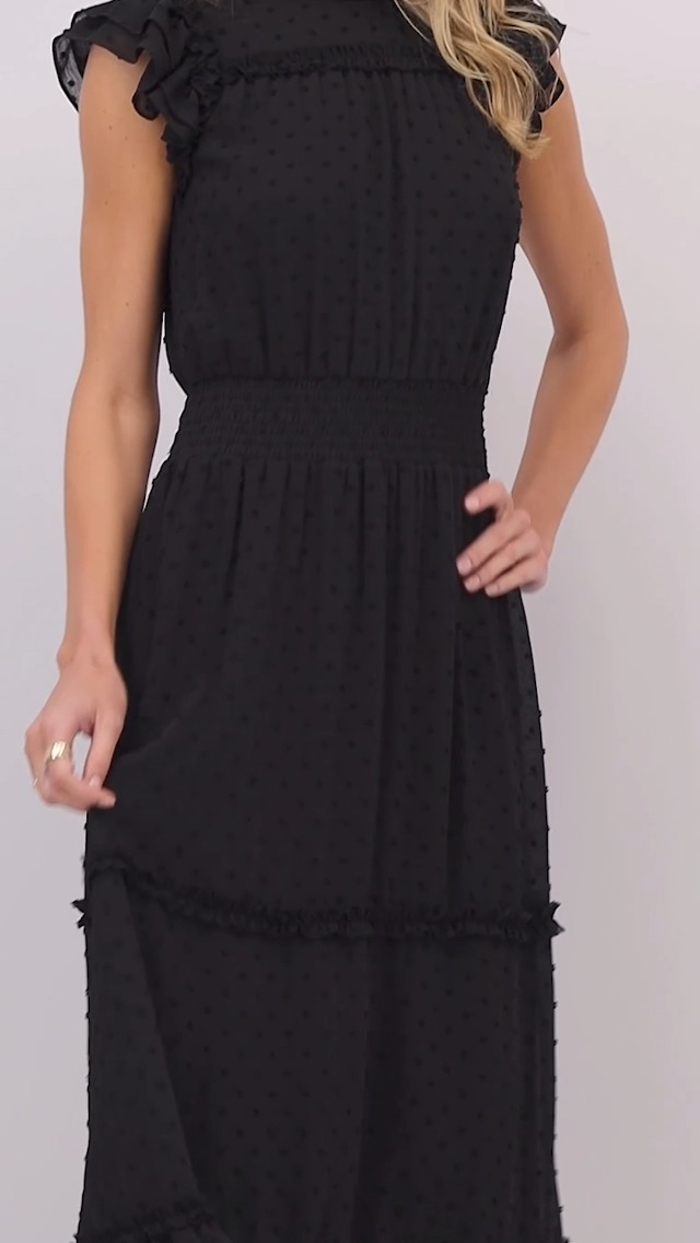 cece clip dot flutter sleeve midi dress CeCe Flutter Sleeve Smocked Waist Midi Dress Rich Black at Amazon Women's  Clothing store