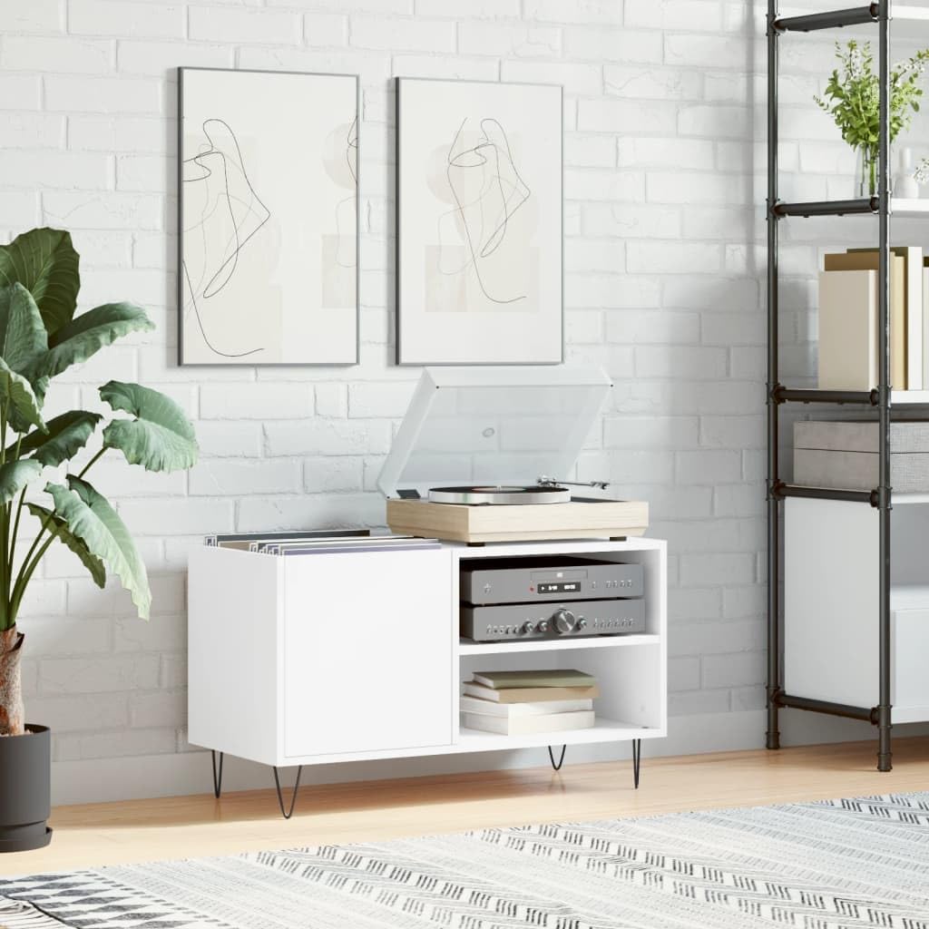 Weißer Plattenschrank 85x38x48 cm Holzwerkstoff mit Eisenbeinen für Vinyl, LP, Schallplatten, Stauraum, stabile Oberplatte, Kabelmanagement, ideal für Wohnzimmer, Heimkino, Musikliebhaber