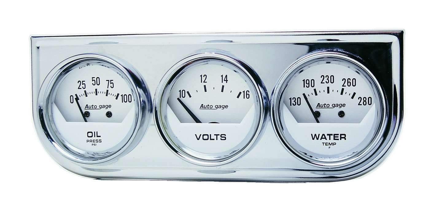 2325 Autogage White Console Oil/Volt/Water Gauge with Chrome Steel , 2.3125 in.