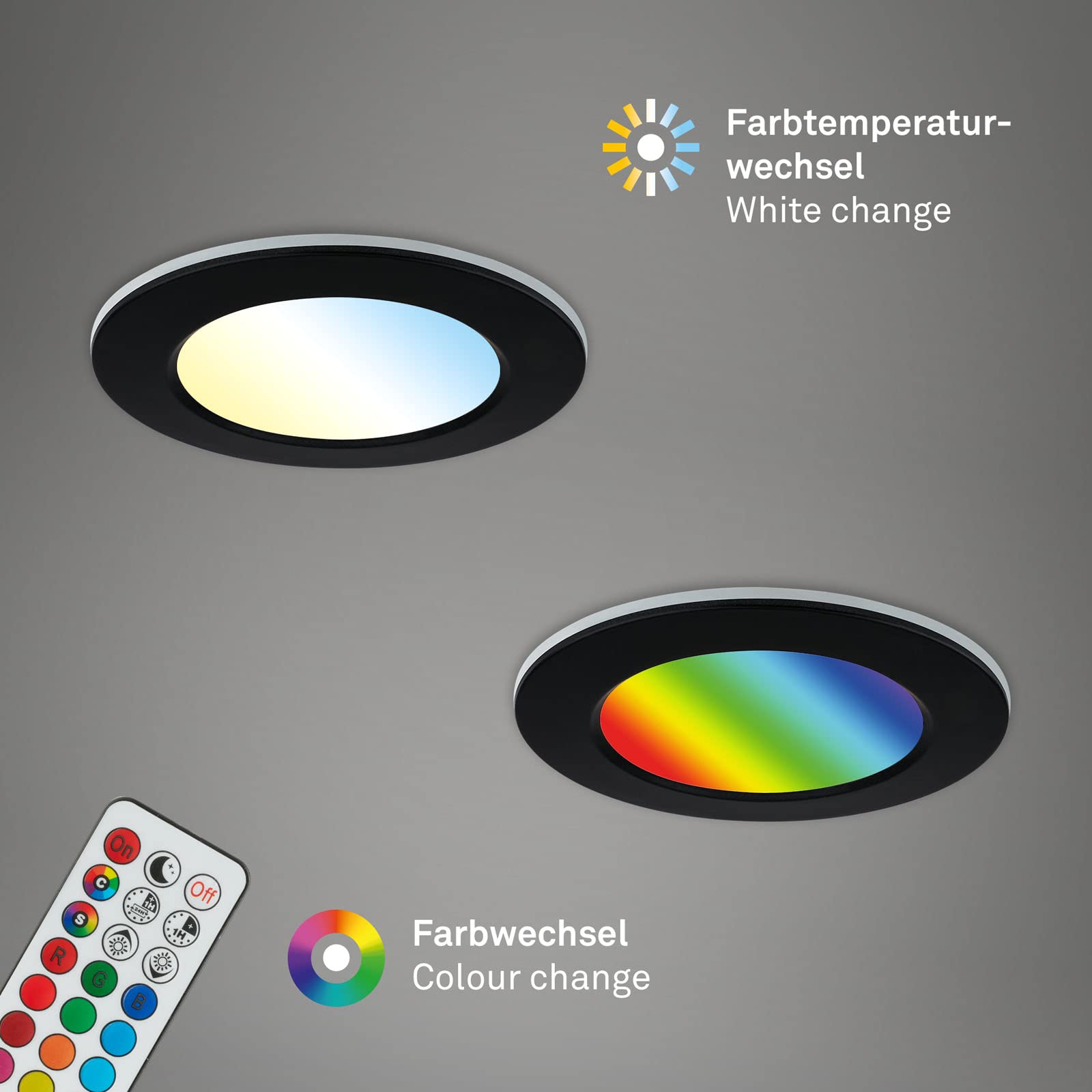 BRILONER - Set di 3 luci da incasso LED a soffitto, luci da incasso RGB CCT, faretto da incasso LED per bagno, faretto da incasso per bagno IP65, nero, 92x45 mm (DxH)