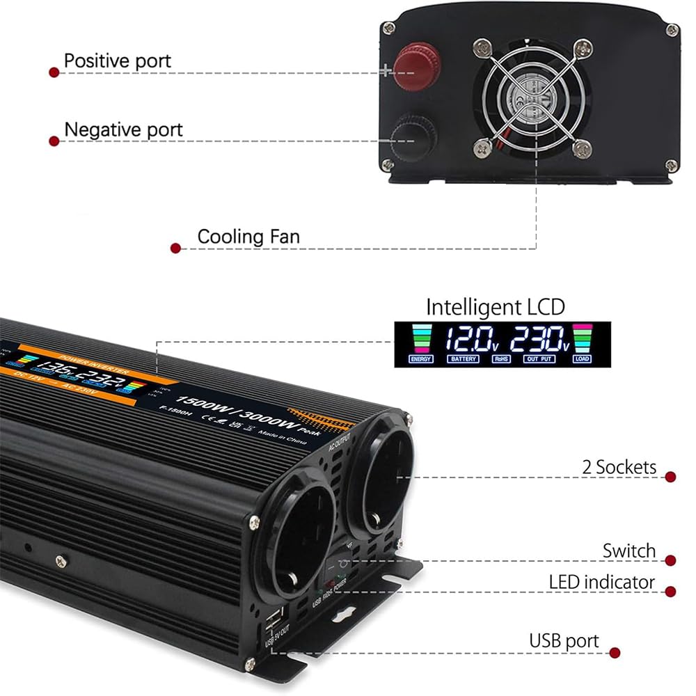 Yinleader konwerter napięcia 12 v 220v 1500W /3000W z ekranem LCD USB
