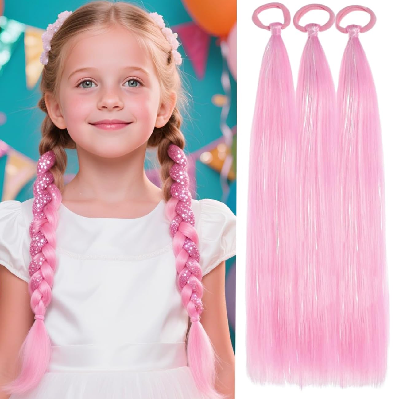 PORSMEER 3 Pack 24 Inch Hair Tinsel Colored Braided Ponytail Extension Gradient Hair Extensions with Elastic Tie Straight Sleek Wrap Around Hair for Braids (Pink)