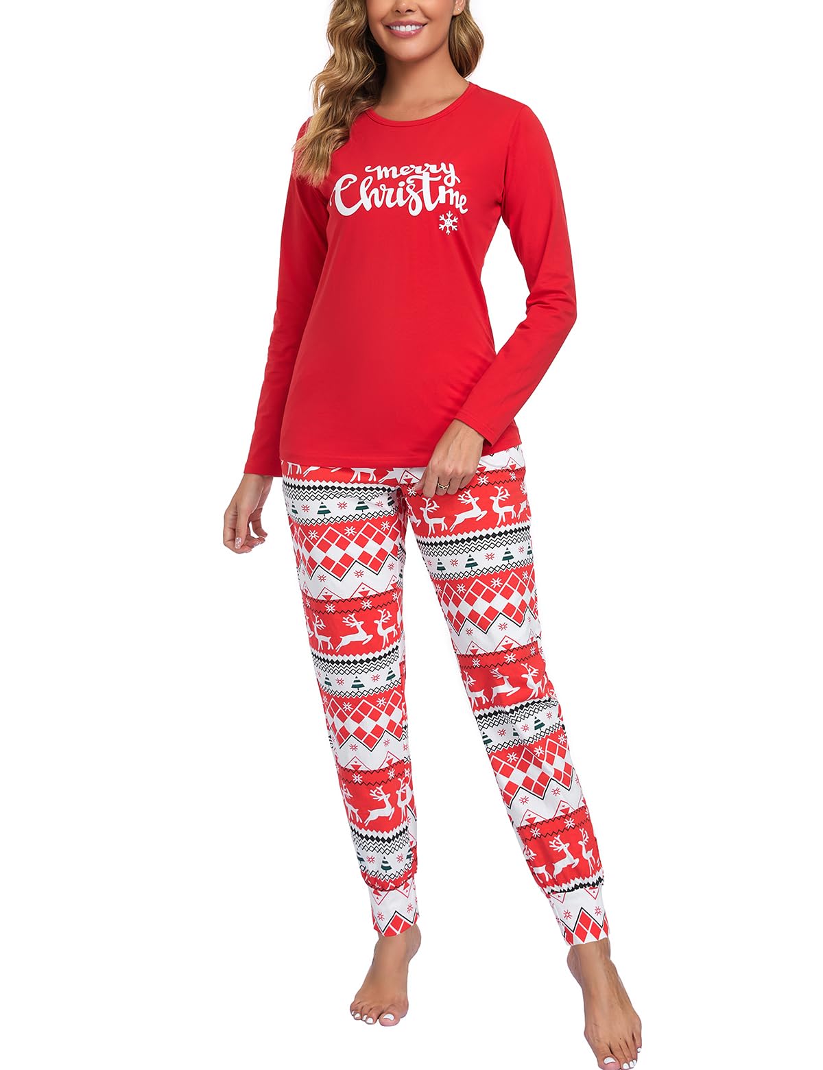 SPKPKEY 2-teilig Damen Baumwoll-Schlafanzug Langarm mit Niedlichem Print Loungewear Nachtwäsche Set