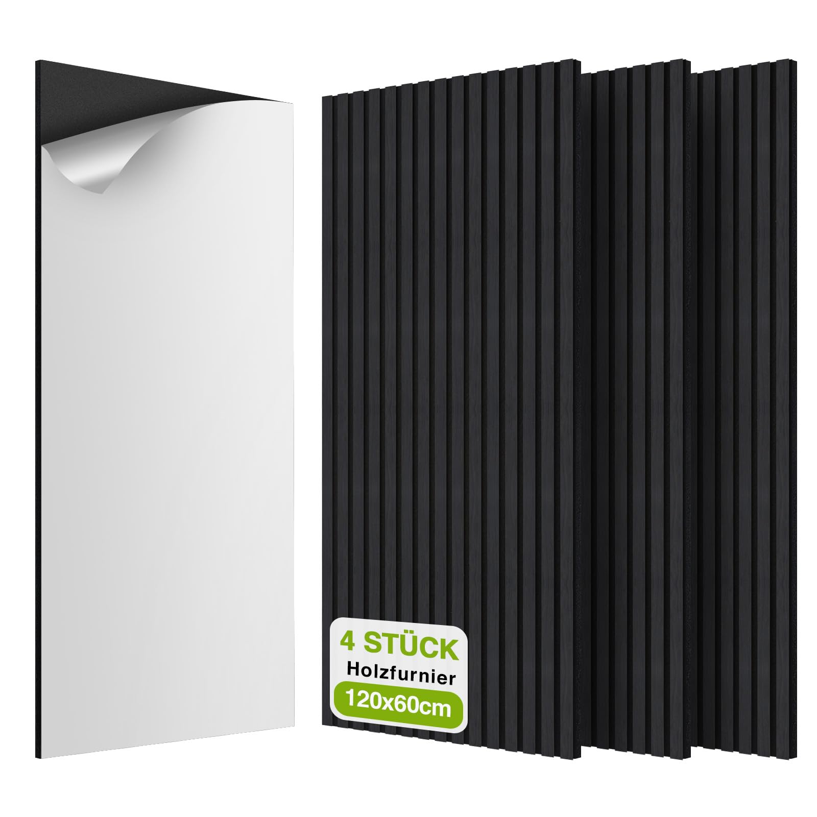 AKK-STAVE Akustikpaneele selbstklebend, 2,88m² 4er-Set (120x60cm) – 3D Wandpaneele Holzoptik, schallabsorbierende Wandverkleidung für Wohnzimmer, Büro (22# Schwarz)
