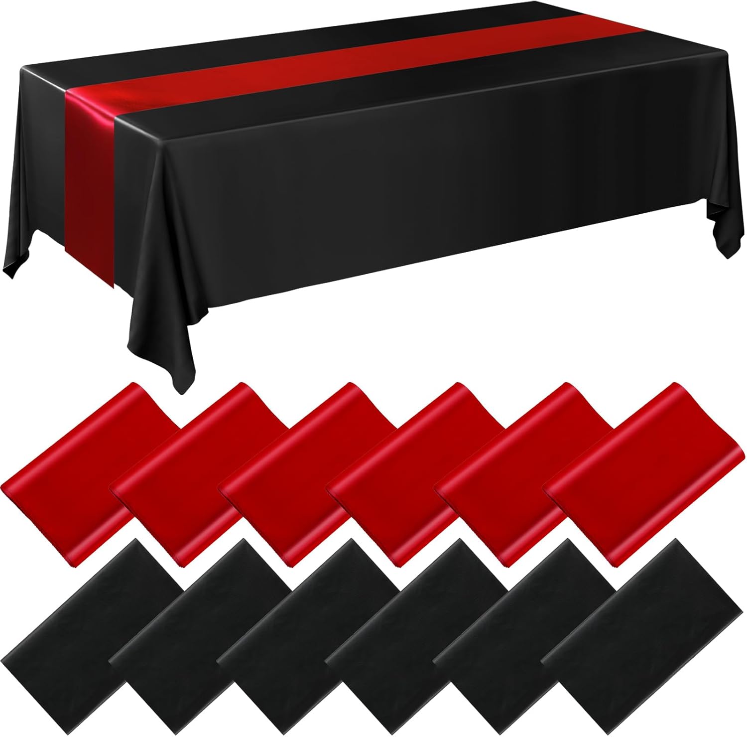 Tudomro 12 Pcs Black and Red Disposable Plastic Tablecloths and Satin Table Runner Set, 54 x 108 Inch Tablecloth, 12 x 108 Inch Table Runners for Wedding Baby Shower Birthday Party